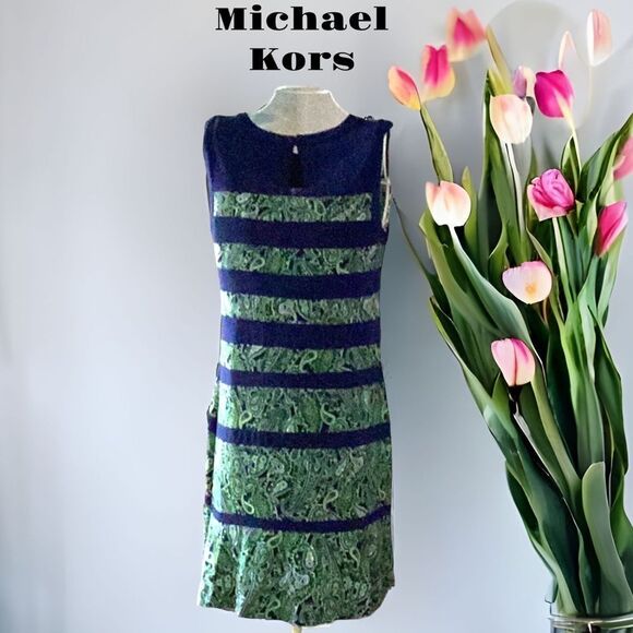 MICHAEL KORS PAISLEY SLEEVELESS SHEATH DRESS PETITE MEDIUM BLUE/GREEN - Picture 1 of 8